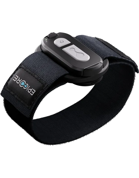 Epicore armband with the module fitted, angled view