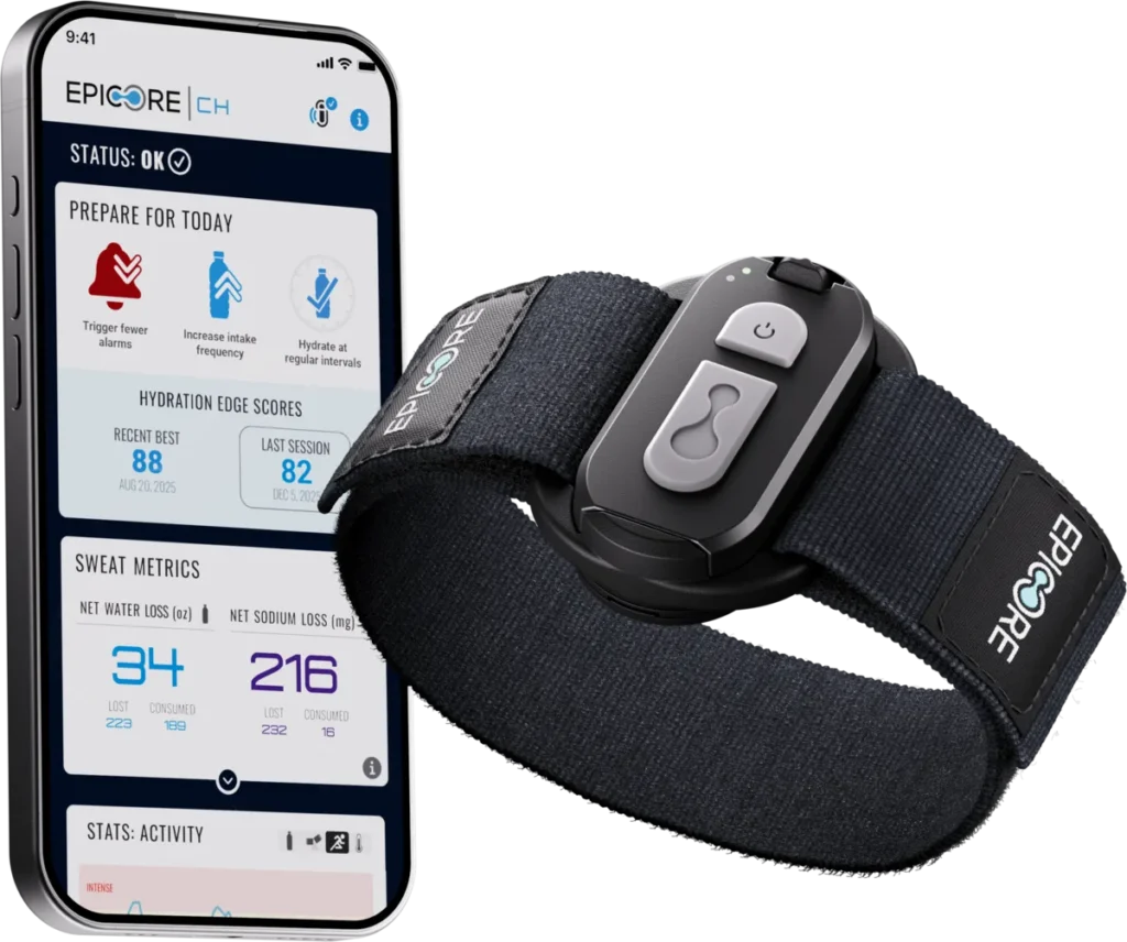 Epicore Connected Hydration armband beside a phone showing the Epicore app