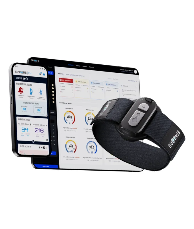 Epicore hydration dashboard on a tablet and the app on a phone, beside the Epicore armband