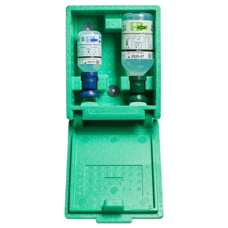 Plum combination eyewash box with 200 ml and 500 ml bottles