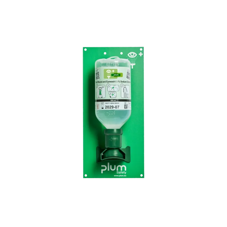 Wall-mounted Plum open eyewash station with 500 ml sodium chloride bottle